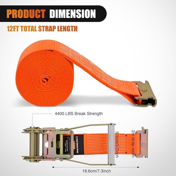 Nilight E-Track Ratchet Straps 2 Pack 2" x 12' Heavy Duty Orange Cargo Tie-Downs 4400 lbs Breaking Strength Standard E Track accessories Tie Down E-Track Spring Fittings for Cargo Vans Trucks Trailers