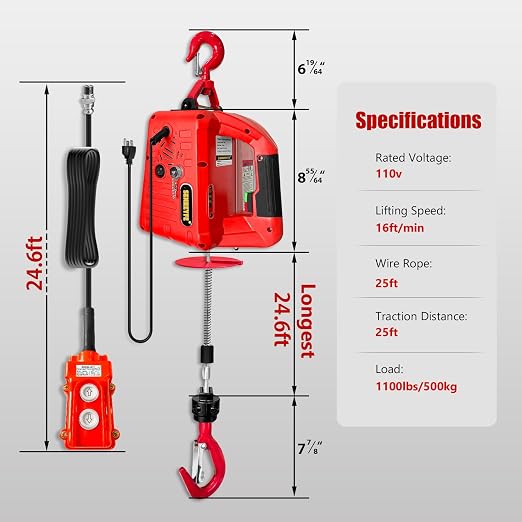 Power Electric Portable Hoist Winch 1100LBS, 3 in 1 Electric Cable Hoist 110V 25 FT with Lifting Strap, Electric Hoist Lift Ceiling Winch for Lifting Towing(Red)