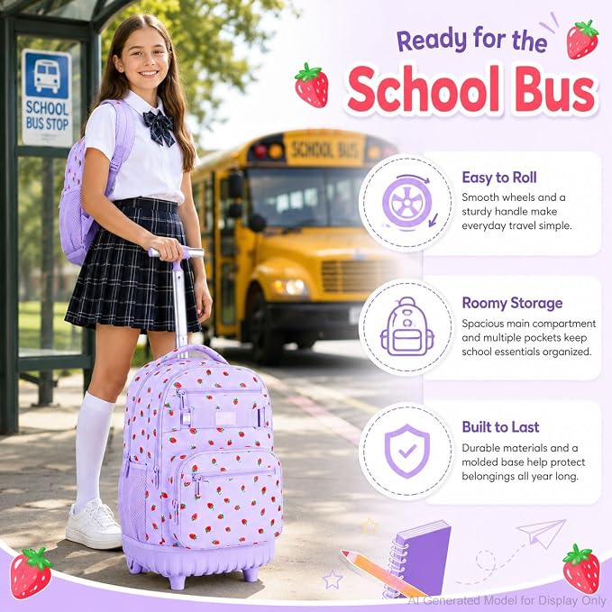 3Pcs Rolling Backpack for Girls Women, Travel Roller Backpacks with Wheels for Adults, Teens College Strawberry Wheeled Bookbag with Lunch Box (Purple)