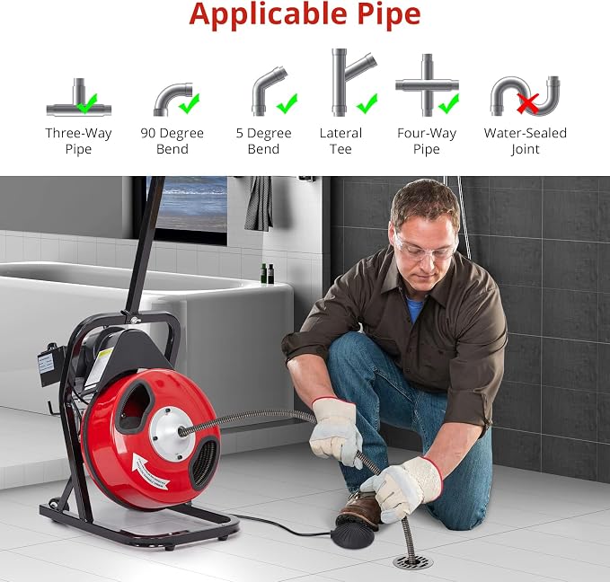 GarveeLife 50 ft 1/2 in Electric Drain Cleaner Machine Auto Feed Drain Auger for 1 to 4 in Pipes Professional Sewer Snake with 4 Cutters Gloves Heavy Duty Clog Remover