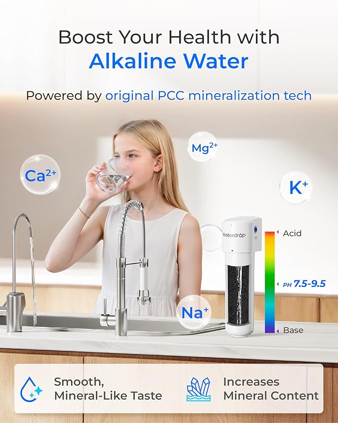 Waterdrop ALK16 Alkaline Water Filter System for Sink, Mineralizing Water | 3/8" Quick Connect, Compatible with G3 Series & G5 Series & K6 RO Systems, NSF/ANSI 372 Certified, Under Sink Installation