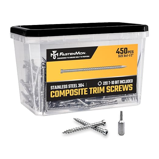 Composite Trim Screws, #8 x 1-1/2” Stainless Steel 304, 450pcs | Hidden Fastener For PVC & Wood, Outdoor Deck, Exterior & Finish Fasteners, Rust-Resistant, T-10 Star Drive, 2lbs