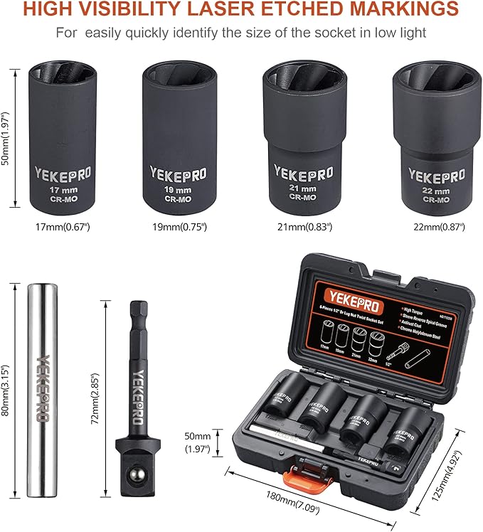 6 PCS Lug Nut Removal Tool, 1/2-inch Drive Impact Twist Socket Set & Bolt Extractor Set, 17,19,21,22MM Wheel Lock Removal Kit for Removing Damaged, Frozen, Rusted, Nuts & Screws, Cr-Mo Steel