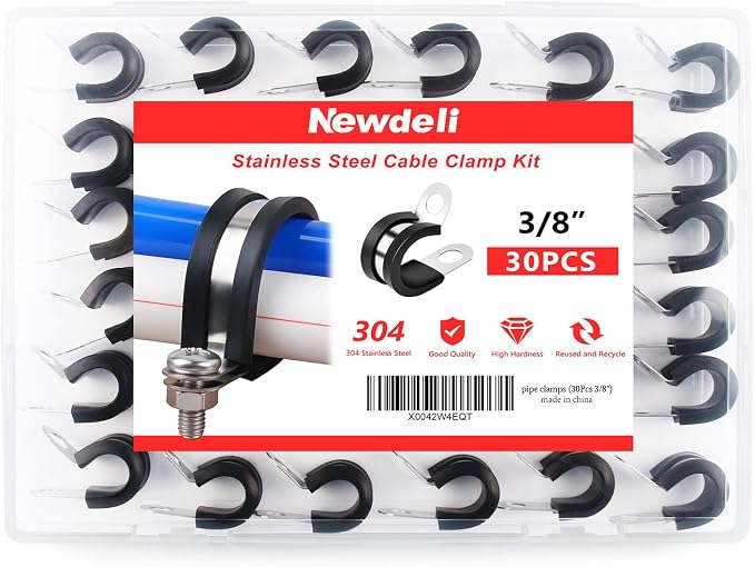 Newdeli 30Pcs Cable Clamps 3/8 Inch Stainless Steel Cable Clamp Rubber Cushioned Hose Clamp Insulated Tube clips Automotive Wire Pipe Clamps