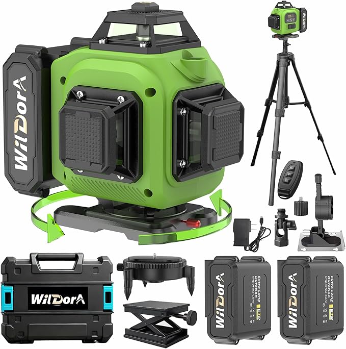 Laser Level 360 Self Leveling with Tripod, Remote Control 4D Green 16 Line Laser Leveler Tool with 2x4800mAh Li-ion Batteries & Hard Carry Case, Laser Level for Construction & Renovation