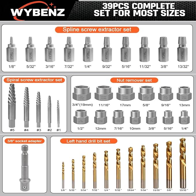 39PCS Screw & Bolt Extractor Set with Left Hand Drill Bit Set,Easy Out Screw Extractor Set,Multi-Spline Stripped Screw Extractor Kit, Bolt Extractor Kit for Studs, Rusted, Bolts & Screws