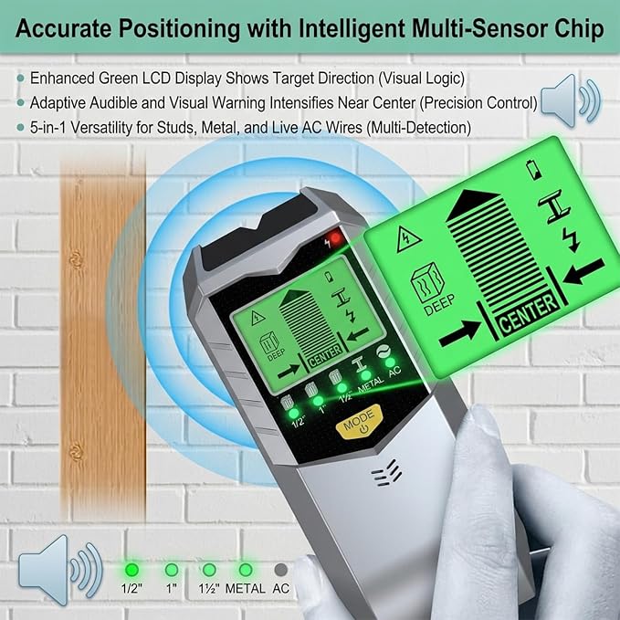 Stud Finder Wall Scanner - 5 in 1 Electronic Stud Sensor with Intelligent Micro-Sensor Chip, Wood Metal AC Wire Detector for Drywall & Plaster, Center Finding for TV Mount & Shelving