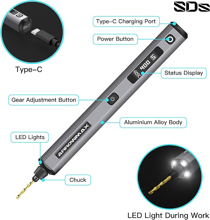 AM ARROWMAX 5-Speed Mini Electric Drill Pen with Benchtop Drill Press & AM ARROWMAX CNC-Aluminum V-Block