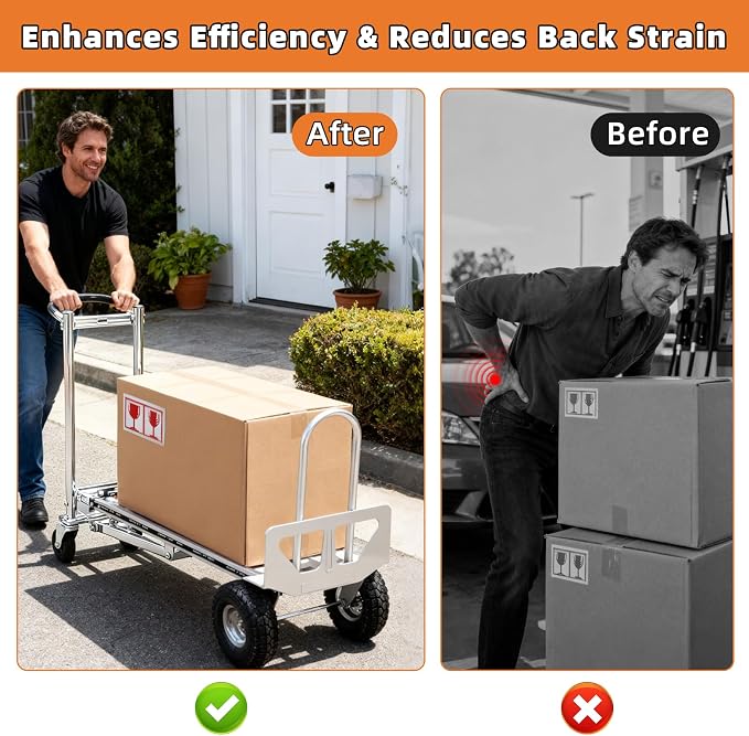 Aluminum 4 in 1 Convertible Hand Truck Dolly, 1000Lbs Capacity, Heavy Duty Folding Hand Truck Dolly Cart with Wheels 10" All-Terrain Tires, Hand Trucks for Logistics, Home, Office, School, Silver