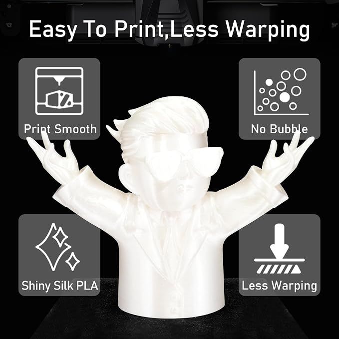 Silk White PLA Satin Shiny 3D Printer Filament, 1.75mm Diameter 1kg Spool 2.2lbs for FDM 3D Printers