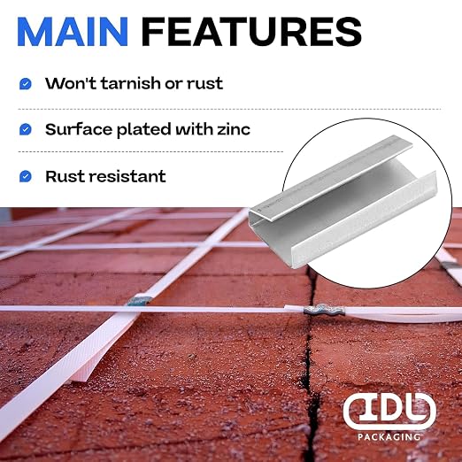 IDL Packaging Open (Snap-On) Seals of 1.25" Length for 1/2" Strap Width Polypropylene (PP) Strapping (Pack of 500) - Strong Metal Clips with Superior Holding Power