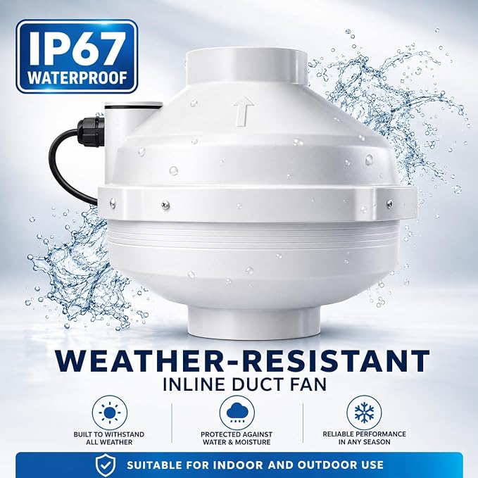 4 inch Radon Mitigation Fan 4" – 190 CFM Quiet Inline Duct Fan | IP67 Waterproof, 58 W Energy‑Saving Motor – Easy Install Indoor/Outdoor Radon Exhaust System