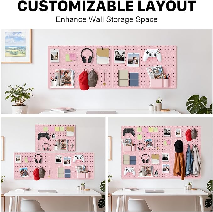 Peg Board, 4 Pack Metal Pegboard Panels Pink Pegboards Wall Organizer with Frame Large Heavy Duty Peg Board with Hooks for Walls Home, Garage Tool Storage, Office, Craft Room, Kitchen 24”×16”
