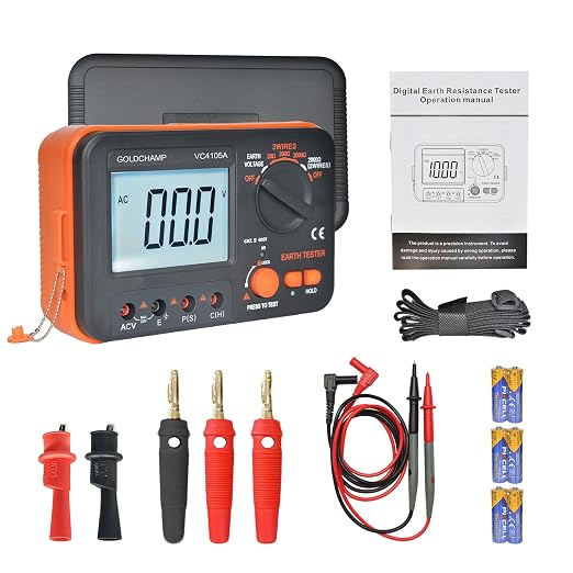 Professional Ground Earth Resistance Tester, 20/200/2000Ω Digital Meter with AC Voltage, Backlight LCD Display, Data Hold & Overload Protection, Safety Tester for Electricians, HVAC & Workers