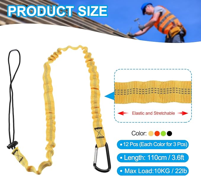 MECCANIXITY Retractable Tool Lanyard 3.6ft with Single Aluminum Buckle and Adjustable Loop End, Maximum Weight Limit 10KG / 22lb, Safety Fall Protection Tools Leash, 4 Colors 12 Pack
