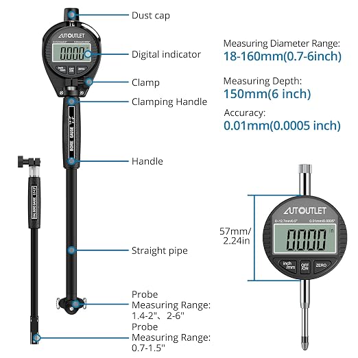 AUTOUTLET Digital Dial Bore Gauge, 0.7"-6" Measurement Range, 0.0005" Precision Dial Bore Gauge with 23Pcs Anvils & ABS Storage Case, 6” Deep Hole Measurement for Cylinder, Engine, Machining