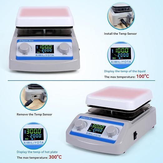 6 inch Magnetic Stirrer Hot Plate with Temp Probe Holder - Ceramic Coated Lab Stirrers, 300°C (572°F), 2000 RPM, Max 5L Capacity, 110V 500W, LED Digital Display, Includes Stir Bar & Fuse