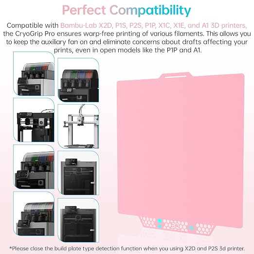 BIQU CryoGrip Pro Glacier Build Plate for Bambu-Lab X2D P2S P1S P1P X1C X1E A1 3D Printers, Double-Sided Fine Textured Spring Steel Sheet, Firm Adhesion, 257x257mm, Pink