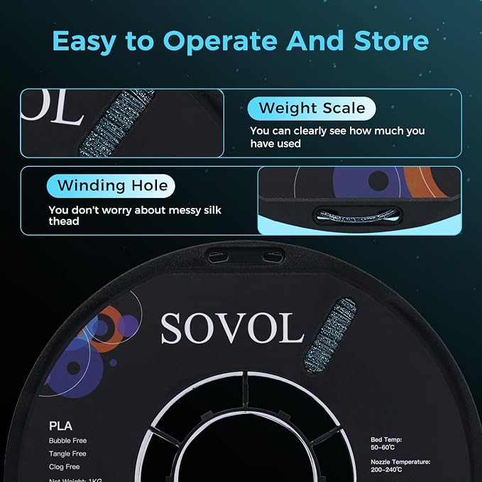 Sovol 3D Printer Luminous Filament, Glow in The Dark PLA 1kg (2.2 lbs) Spool 3D Printing Materials, Dimensional Accuracy +/- 0.03 mm, 1.75 mm, Shiny Blue