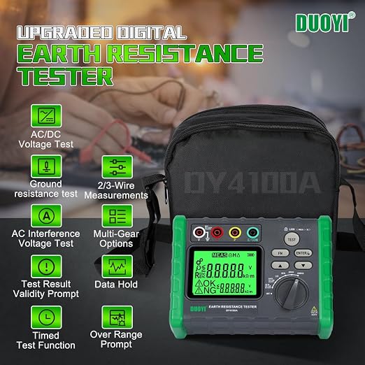 DUOYI Earth Ground Resistance Tester 0.03-2000Ω Soil Resistivity Meter,Upgraded Earth Resistance Tester Auto Measurement 600V AC Ground Voltage Meter with 6pcs 1.5V Batteries,Tool Bag