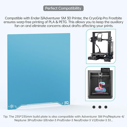 BIQU CryoGrip Pro Frostbite Cold Build Plate 235x235mm for Adventurer 5M Pro/5X/Ender 3 V3 SE/3 V2/3 S1 Pro/3 V2 Neo/3 Pro/Ender 5 Pro/Kobra 2 Pro/Neptune 3 Pro/4, Room Temperature Printing