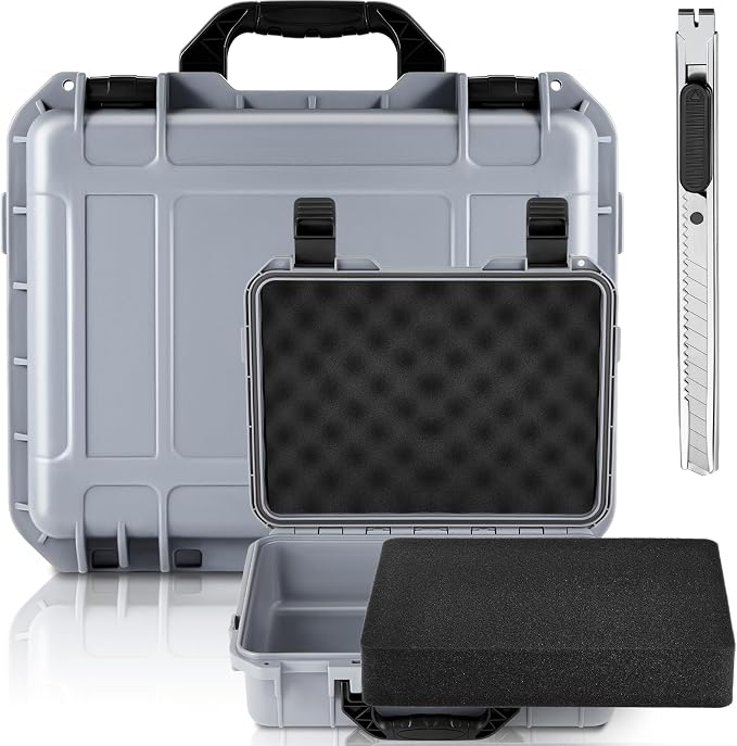 Relaxweex 1 Pcs Waterproof Hard Case with DIY Customizable Foam Insert Portable Protective Case with Knife for Camera Drones Equipments Tools Test Instruments(Gray,16.3 x 12.4 x 6.5 Inch)