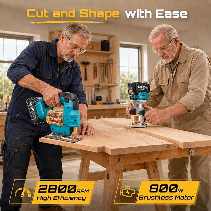 SEESII Cordless Jigsaw and Wood Router Tool for Combo Kit | with Batteries and Charger, Brushless, Aluminum Palm Router, 0-45° Bevel Jig Saw, Adjustable Speed for Cutting & Trimming