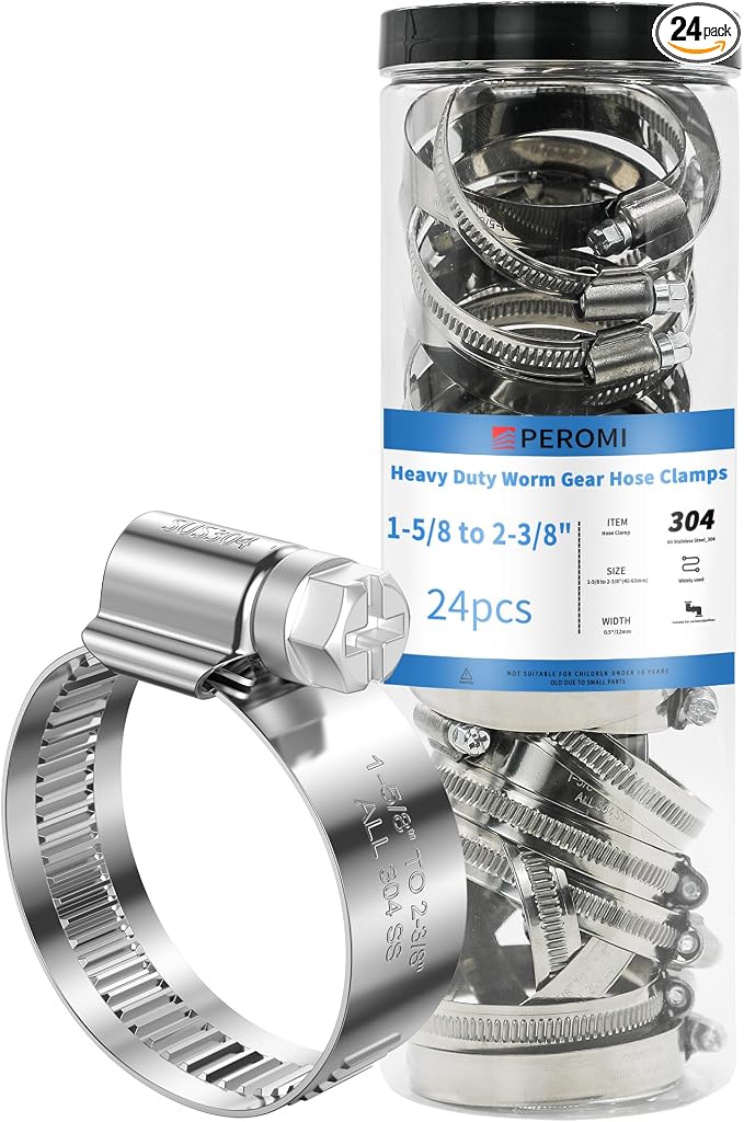 24 PCS Heavy Duty Hose Clamps Stainless Steel 304,1-5/8" Hose Clamp to 2-3/8" Hose Clamp (40-60mm) Adjustable Worm Gear Drive Radiator Hose Clamps,Pipe Clamp for Automotive and Industrial Use