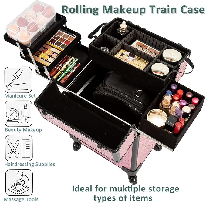 AROUS Rolling Makeup Train Case Cosmetic Travel Trolley with 4 Sliding Rail Trays, Removable Middle Layer, Key, Swivel Wheels, Aluminum Frame, Colorful, Salon Barber Traveling Cart Trunk