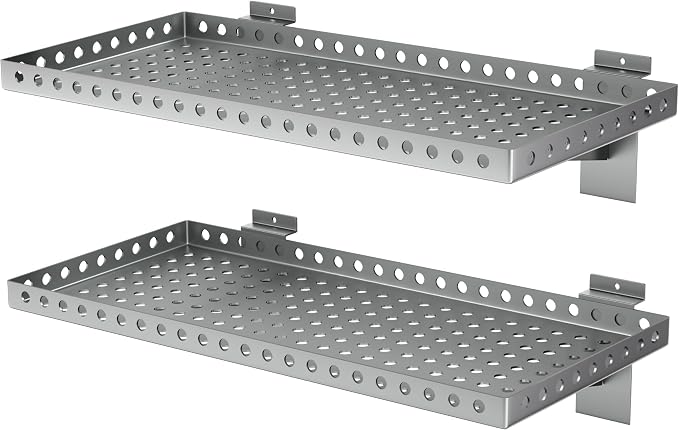 2 Pack Slatwall Shelves, Heavy Duty Grey Metal Slat Wall Shelf for Retail, Garage, Home Storage, 80 lbs Load Capacity, Universal Slatwall Accessories(10 x 24 Inch-2, Grey)