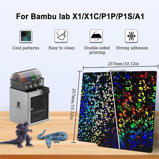 257x257mm PEF+PEY Holographic Build Plate for Bambu Lab X2D/P2S/A1/X1C/X1/X1E/P1P/P1S, Rainbow Confetti PEF+Galaxy PEY Spring Steel Plate Print Bed for Bambu Labs 3D Printer