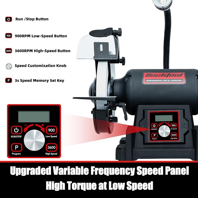 Bucktool 8" VFD Variable Speed Bench Grinder, 1HP Power Professional Wobble-free Wheel Grinder with High/Low Speed Switching for Knife, Metal