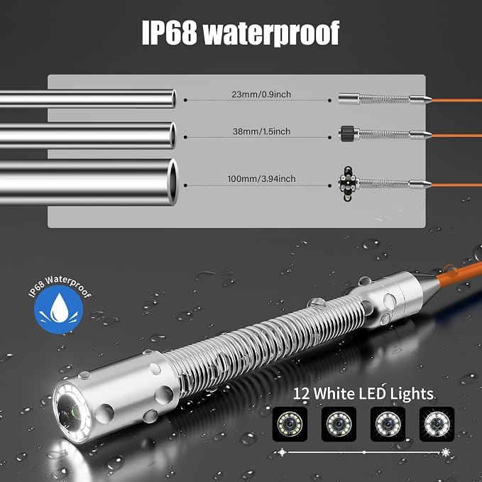 Sewer Camera, 100 ft/30 m, 4.3" Pipe Drain Inspection Camera with DVR Function and 12 Pcs LED Lights, IP68 Waterproof 23 mm Industrial Endoscope, Meter Marker, Included 32GB Card