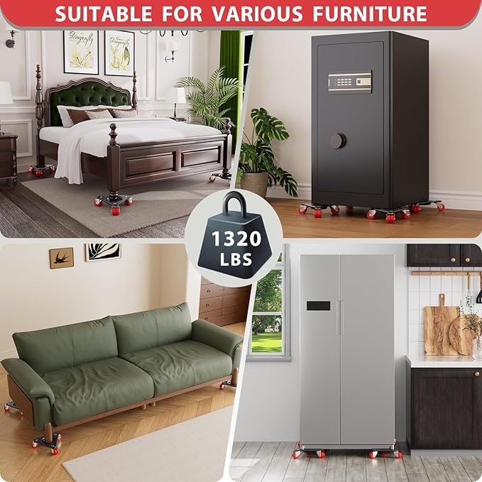 ONEON Heavy Duty Furniture Movers with Wheels Dolly with Auxiliary Lifter, All-New Upgraded Carbon Steel Panels & Dual-Wheeled Casters, Supports up to 1320 lbs (L+Tri)