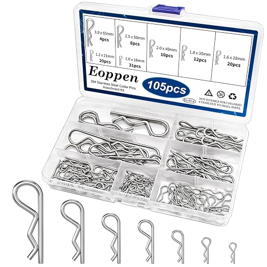 105Pcs Cotter Pin Assortment Kit - 304 Stainless Steel 7 Sizes R Clips Cotter Pins for Automotive, Trailer, Hitch Pin Lock System