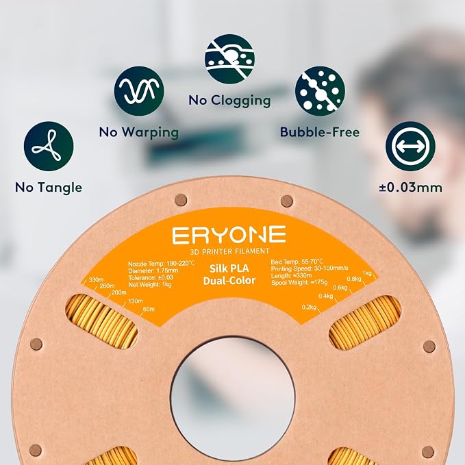 ERYONE Silk Dual Color PLA Filament 3D Printer 1.75mm +/- 0.03mm, Bicolor Filament Two Tone PLA 1KG(2.2lbs) Cardboard Spool, Gold Silver