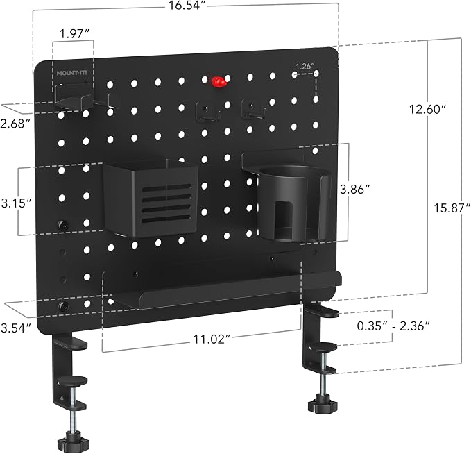 Mount-It! Clamp-On Desk Pegboard Organizer, Magnetic Metal Peg Board with 7 Accessories, 16.5" x 15.9", Vertical or Horizontal, No-Drill Desktop Storage for Home Office, Gaming & Crafting, Black