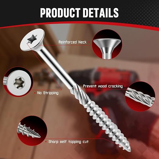 #10x2-1/2 Inch 304 Stainless Steel Deck Screws 1000 PCS - Corrosion-Resistant Outdoor Wood Fasteners for Fences, Decks, Wood Project - T25 Star Drive Bit