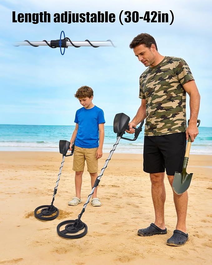 Rechargeable Metal Detector for Kids & Adults, Lightweight w/8” Waterproof Coil, Adjustable 31.5"-41.5", 12Hr Battery, Shovel Included - Beach Treasure Hunting