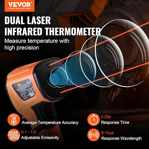 VEVOR Infrared Thermometer, -40°F~2732°F Dual Laser Temperature Gun Non-Contact, Handheld IR Heat Temperature Gun & Adjustable Emissivity for Metal Smelting/Cooking/Pizza Oven/Engine (Not for Human)