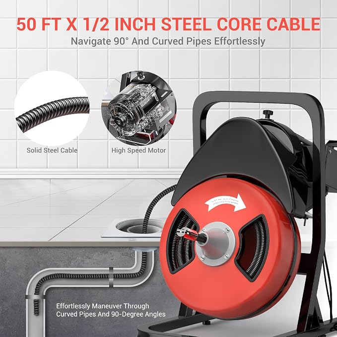 GarveeTech 50FTx1/2 Inch Drain Cleaner Machine with Wheels, Sewer Snake Electric Drain for 2" to 4" Pipes, Plumbing Snake Auger Cleaner with 6 Cutter & Foot Switch for Sewer, Sink, Toilet, Bathroom