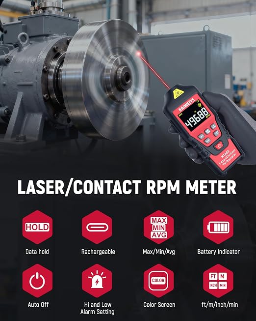 KAIWEETS 2-in-1 Laser & Contact Tachometer with Rechargeable Battery, Photo Sensor 10-99999RPM and Contact 1-19999RPM High Accuracy RPM Meter with Backlight Hold/MAX/MIN/AVG, HI/Low Alarm Function