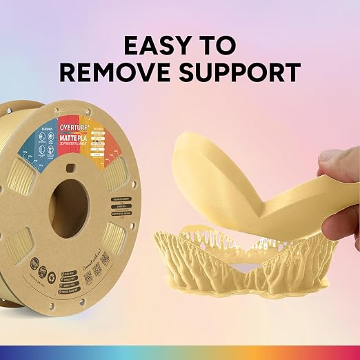 OVERTURE Matte PLA 1.75mm, Low Warp & Smooth Finish 3D Printer Filament | Frosted Matt Finish Hides Layer Lines, 1kg Spool (2.2lbs) Cardboard Spool, Fit Most FDM Printer (Matte Butter Yellow)
