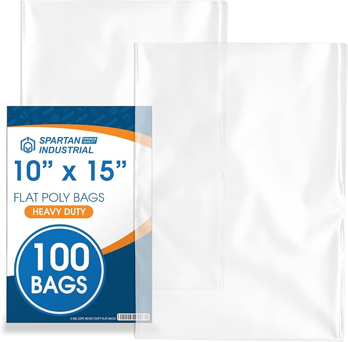 10" X 15" Open-End Flat Poly Bags (100 Count) - 2 Mil Plastic Clear Bags for Packaging, Shipping, Storage - No Adhesive Strip - Spartan Industrial