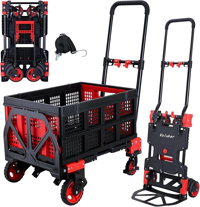 2-in-1Hand Trucks Dolly 330LB Foldable with Folding Basket, Folding Hand Trucks Heavy Duty Carrying, Combination of 4 Wheels and 2 Wheels Convertible Cart with Retractable Handle Dolly for Moving