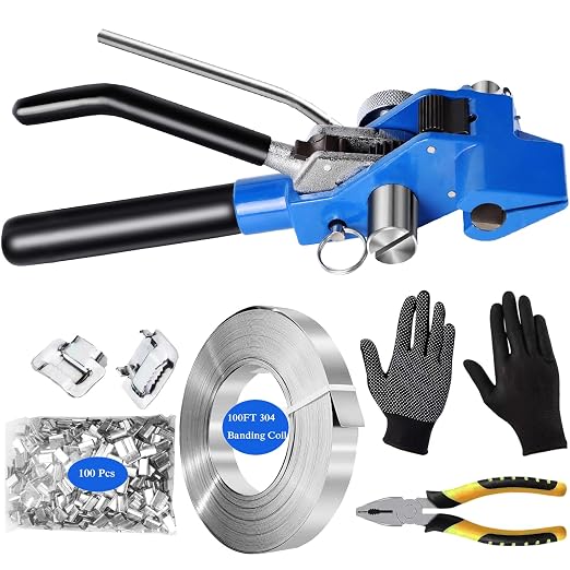 Steel Strapping KIT,Metal Banding Strapping Tool Pallet Banding Kit with Ratchet Tensioner and Cutter，Metal Belt Packaging Machine with 100pcs Buckle 3/4" x 100 Feet Steel Banding Coil