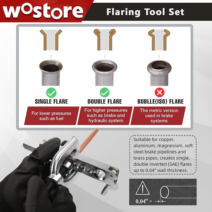 Wostore 25 FT 3/16" Copper Coated Brake Line Kit with 24 Brass Fittings & Double/Single Flaring Tool Kit, Complete Brake Line Repair Solution for Cars, Trucks, Motorcycles