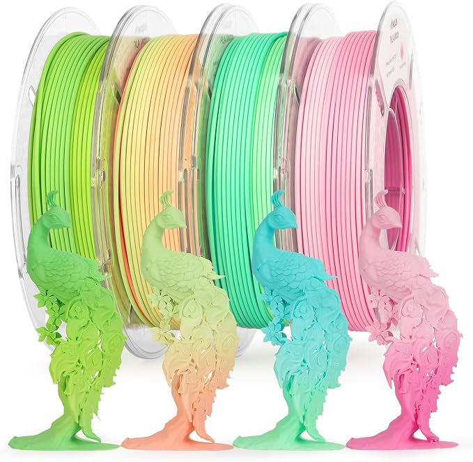 AMOLEN Matte PLA Filament 1.75mm,Bicolor Rainbow Bundle PLA, Smooth Finish Color Change 3D Printing Filament, 600m/s High-Speed Printing, 200g X 4 Pack