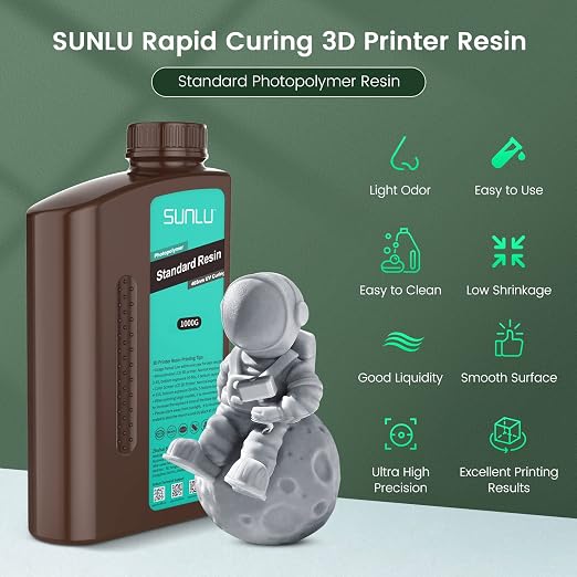 SUNLU 3D Printer Resin 1kg, Fast Curing Standard 3D Resin for LCD DLP SLA 3D Printers, 395 to 405nm UV Curing 3D Printing Liquid Photopolymer Resin, Low Shrinkage, High Precision, 1000g, Dark Grey
