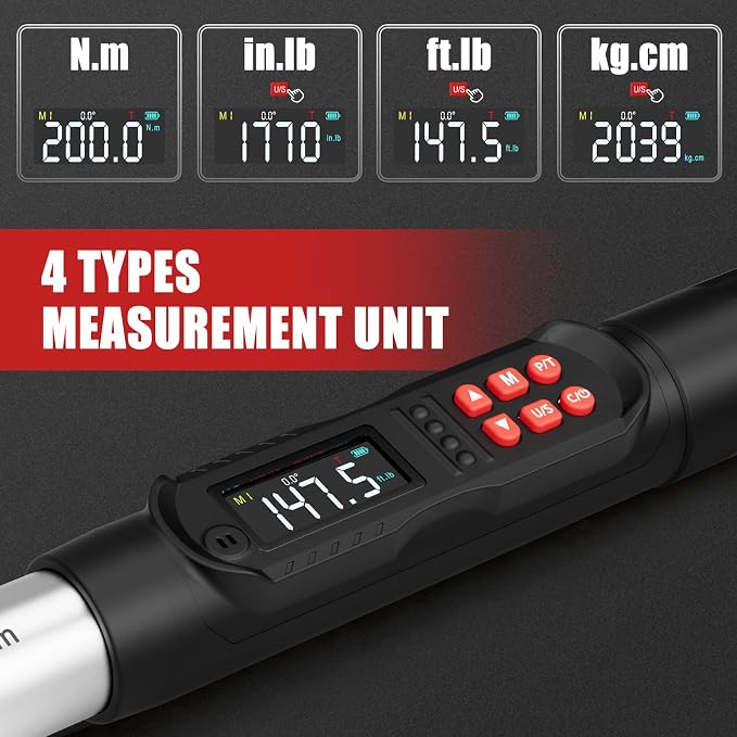 VANPO 1/2 Drive Digital Angle Torque Wrench 7.4-147.5 Ft.lb, ±2% Accuracy | 10-200 Nm Electronic Torque Wrench, Buzzer LED Vibration Alarm, Perfect Tools for Tire Lug Nuts & Car Engine Repair